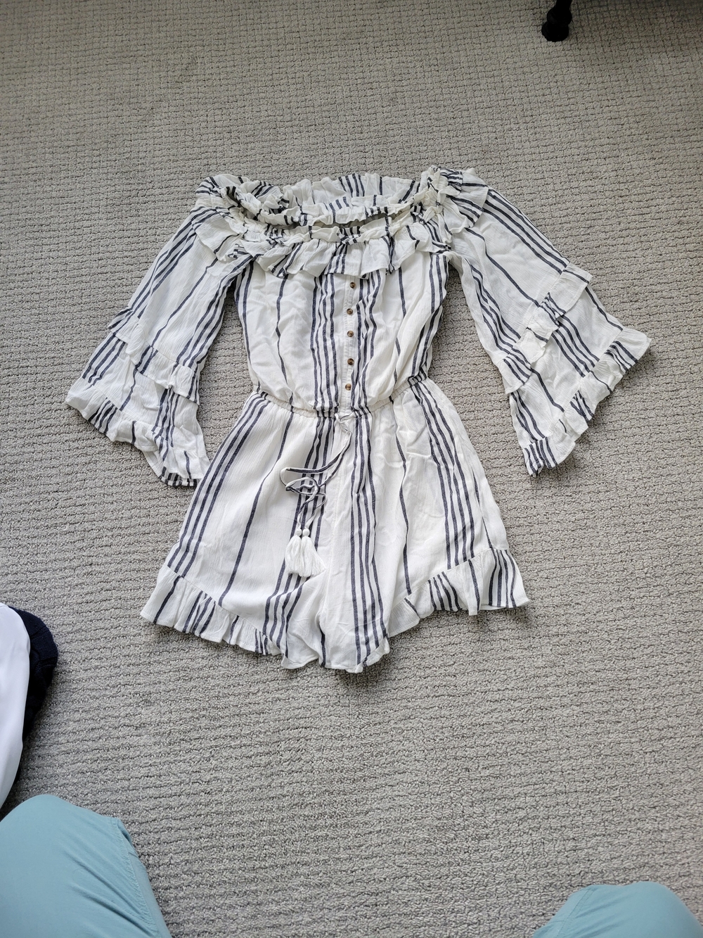 American Eagle Outfitters White Romper with Navy Stripes